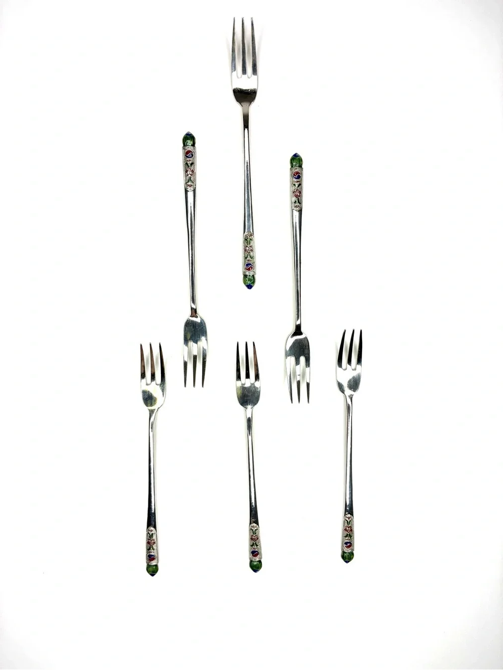 Vintage Korean Ag 700 Silver Enamel Chilbo Teatime Fruit Forks Set of 6
